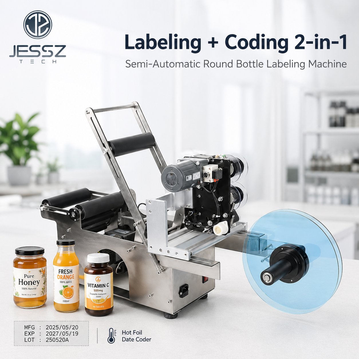 Semi-Automatic Benchtop Labeling Machine with Coder for Bottles, Cans and Barrels
